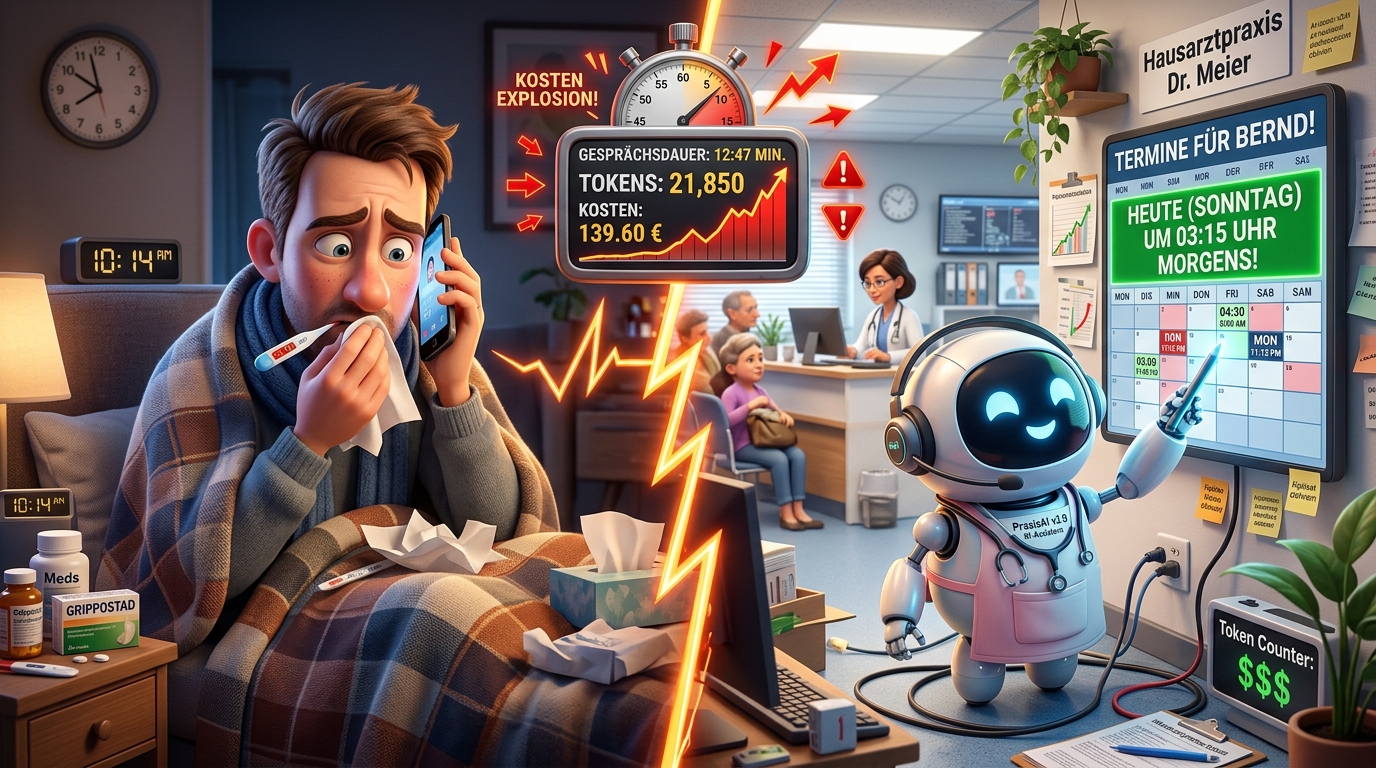 Humorvolle Illustration: Halluzinierter Termin und Kostenexplosion beim KI-Telefonassistenten einer Arztpraxis