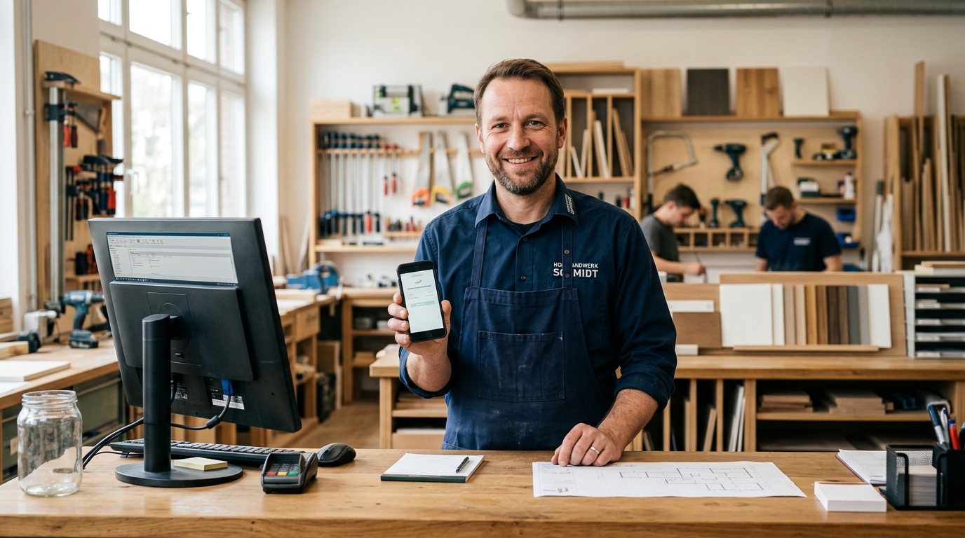 Handwerksmeister und Betriebsinhaber nutzt smarte Telefon-Terminbuchung ohne Unterbrechungen im Betrieb