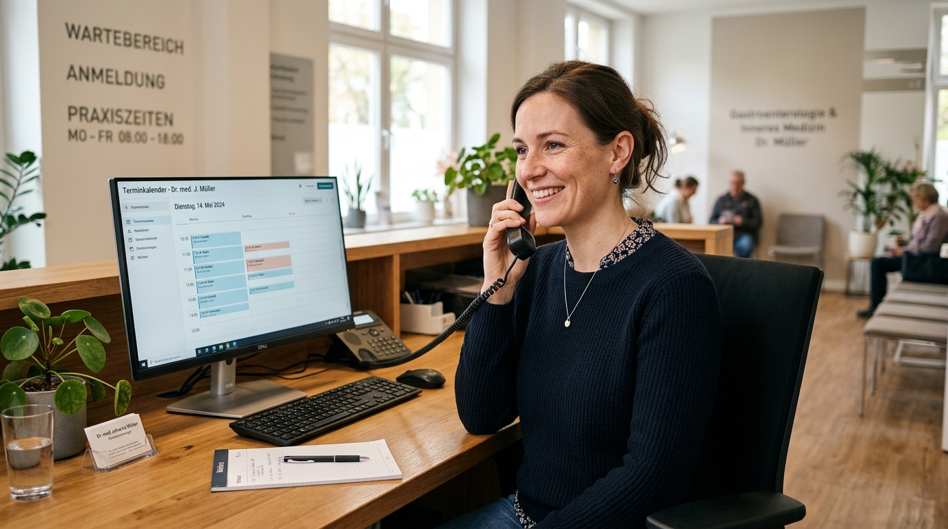 Mitarbeiterin am Praxis- und Kanzlei-Empfang mit synchronisiertem Terminkalender